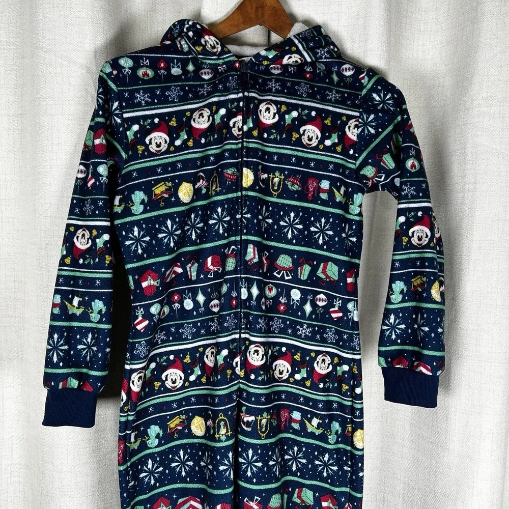 Disney Parks Mickey Mouse Christmas One Piece Zip Pajamas‎ Hood Ears Youth Large